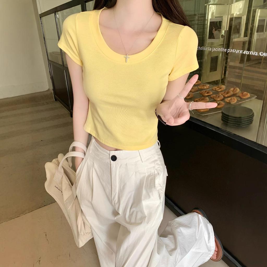 Camiseta de algodón puro de color liso con cuello en U y hombros descubiertos para mujer, nueva camiseta de verano, corta y ajustada.