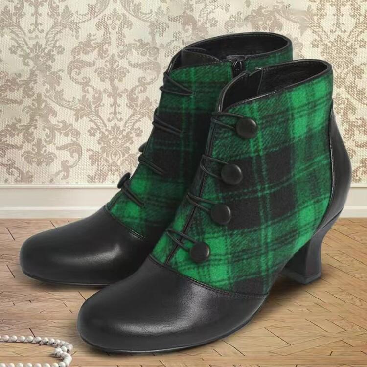 Plaid button short boots spring and summer new European and American style round head side zipper middle heel boots