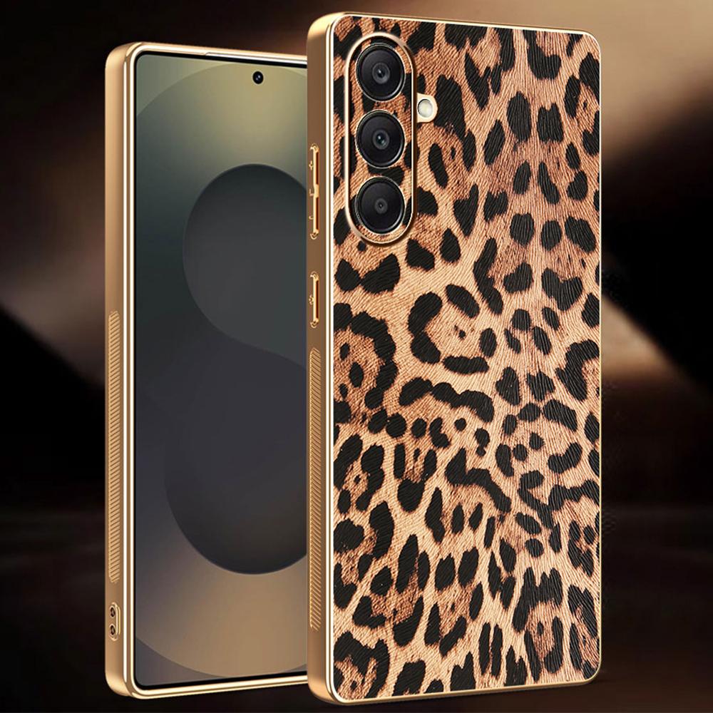 For Samsung Galaxy A26 5G Case Leopard Print PU Leather Coated PC+TPU Electroplating Phone Cover