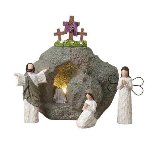Lighted Easter Resurrection Scene Set Resin Empty Tomb Easter Scene Figurine Christian Easter