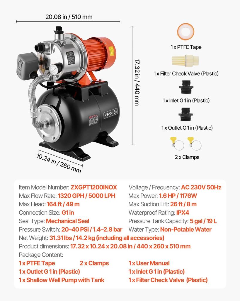 1,6 PS Flachbrunnenpumpe mit Druckbehälter, 230V 5000 LPH, Bewässerungs-Jetpumpe aus Edelstahl mit 19L Tank, Automatisches Wasserfördersystem, 1,4-2,8