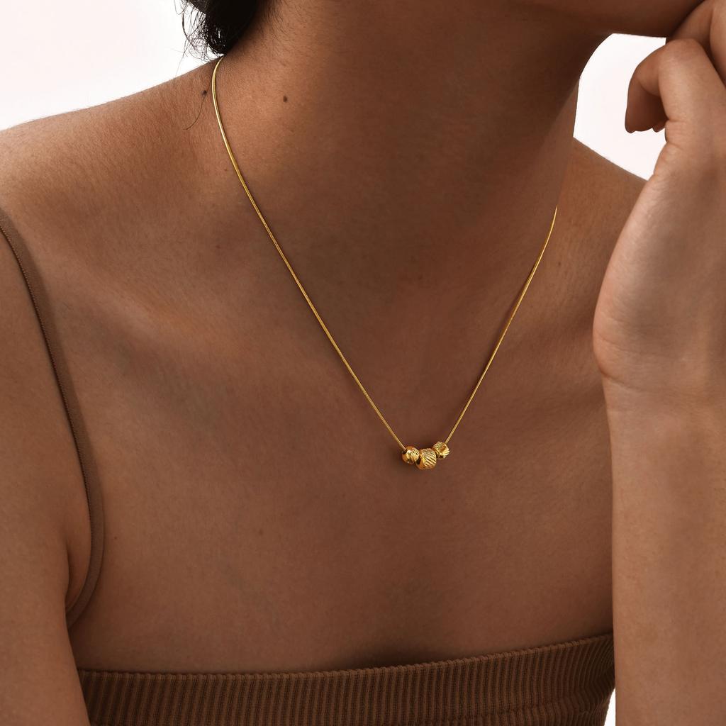 Stainless Steel Full Light 3 Twill Bucket Beads Necklace 18K Gold Women'S Fashion Jewelry Nc-2053