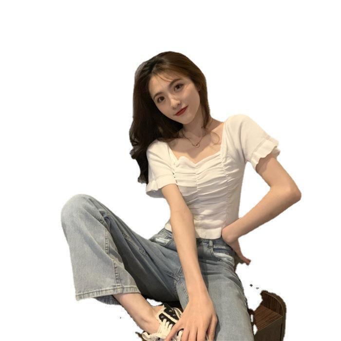 Summer new square collar exposed collarbone pleated short-sleeved T-shirt women's retro knitted short bottomed shirt top