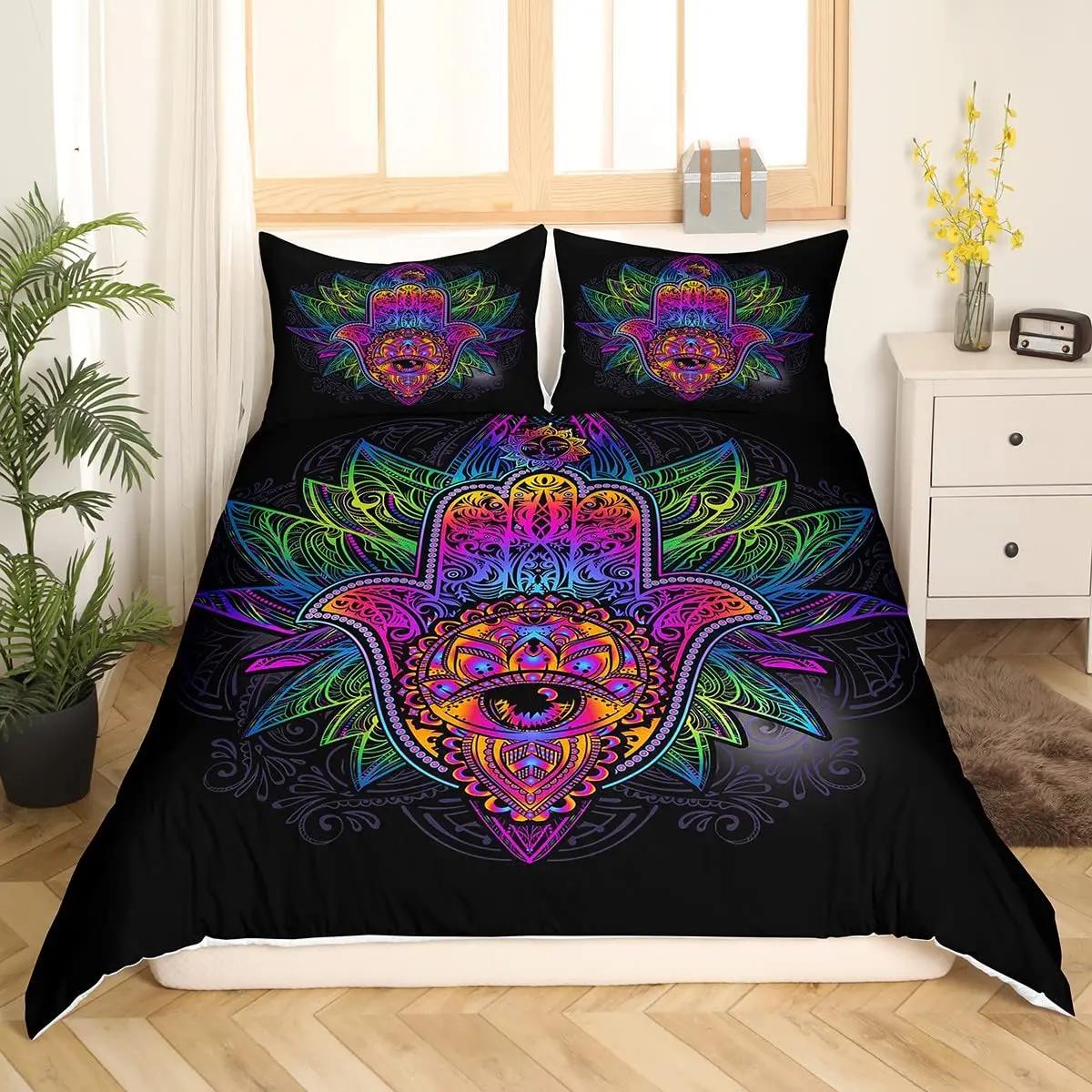 Hamsa Hand Duvet Cover Set King/Queen Size,Golden Lucky Hand of Fatima Print Bohemian Women Black Gold Bedding Set 2 Pillowcases 70x133cm 2pcs