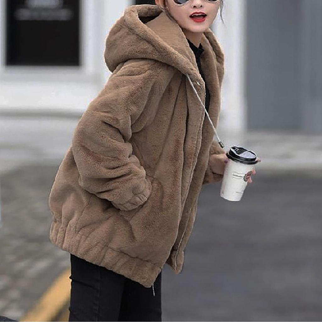 Plush Faux Rabbit Hooded Pocket Jacket For Women's Loose Plush Long Sleeved Women's Top