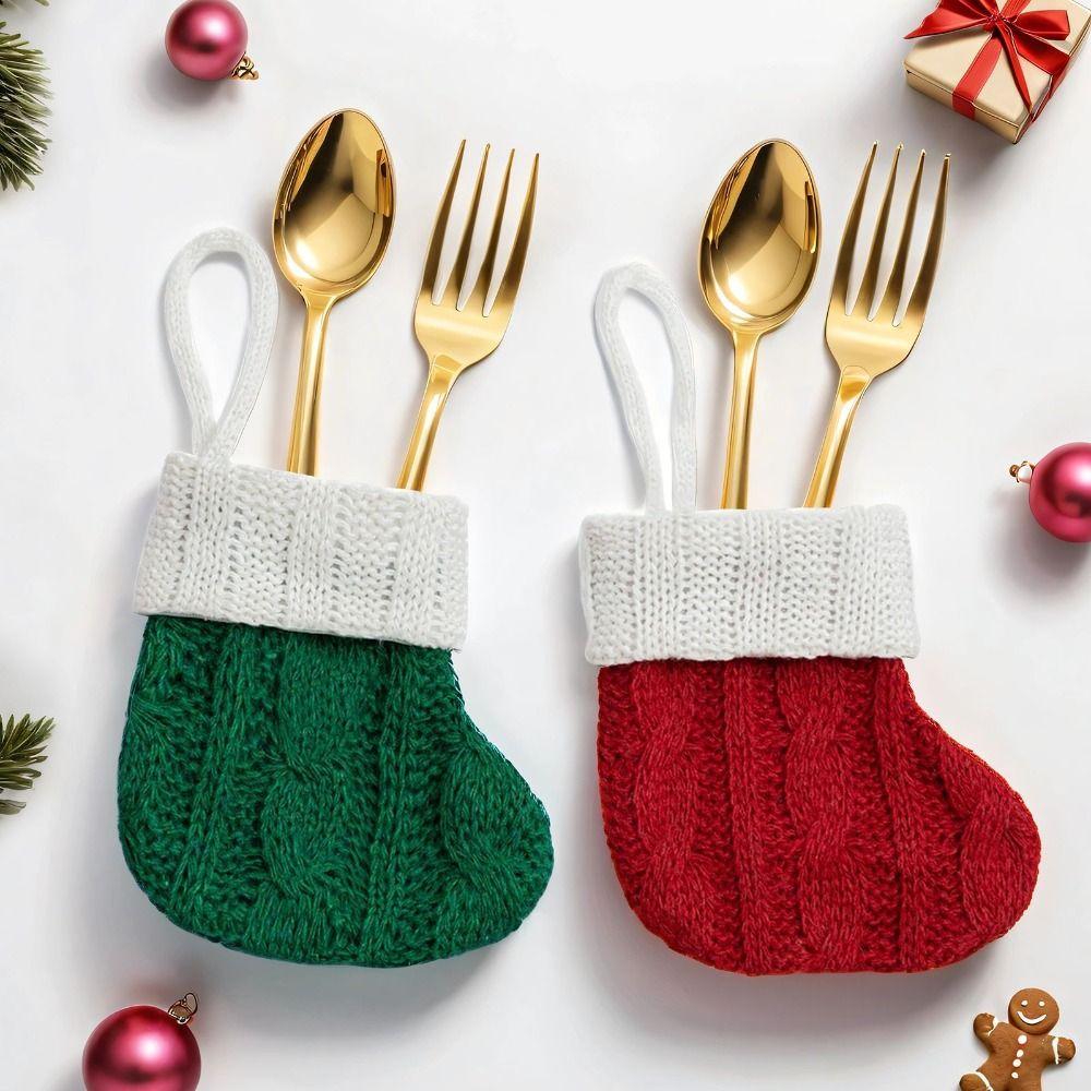 3pcs Xmas Decoration Red Green Christmas Knitted Socks Mini Handmade Christmas Tree Pendant Hanging Candy Gift Bag Party