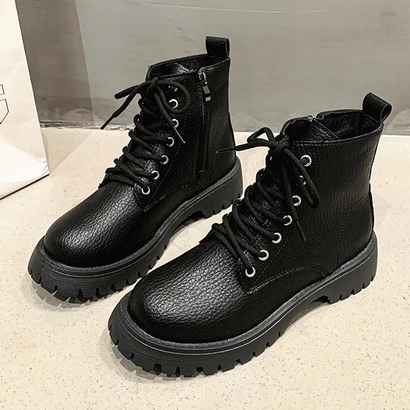 

Fashion The new large-sized round-toe lace-up short-top leather boots for women with thick heels and lychee patterns in the autumn of 20 43 чёрный