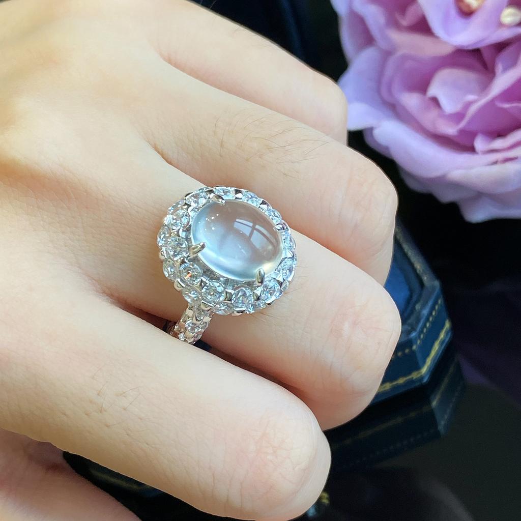 Natural Ice Transparent Gray Agate White Chalcedony Retro Open Ring Women's Oval Ring Hand Jewelry