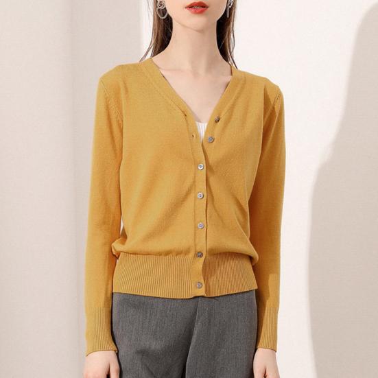 Women Sweater Coat V-neck Long Sleeve Single Breasted Knitting Sweater Solid Color Ribbed Trim Warm Knitted Cardigan