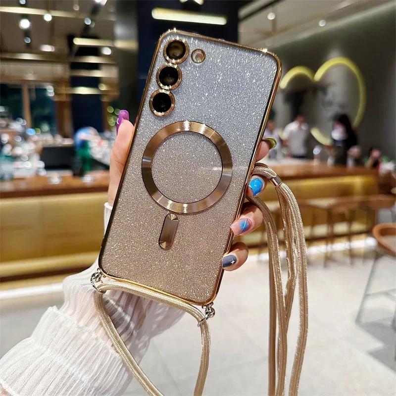Umhängeband Glitzer Hülle Für Samsung Galaxy S26 S25 Edge S24 S23 S21 FE S22 Ultra Plus Für Magsafe Magnetische Weiche TPU Hülle Galaxy S26+ goldgelb