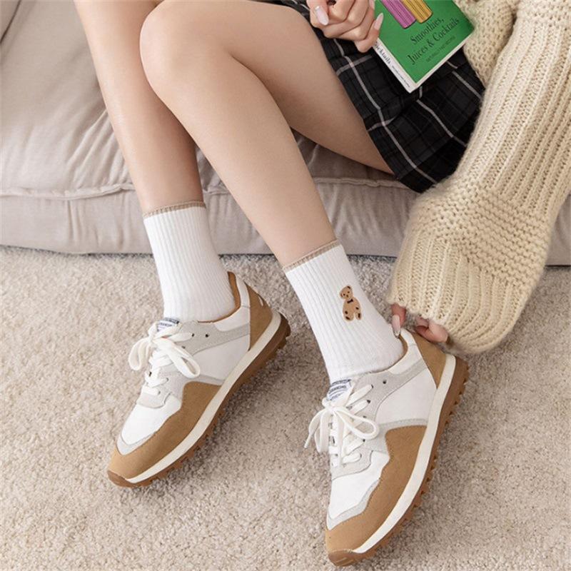 Female Spring and Autumn Striped Embroidered Bear Middle Tube Pile Cotton Socks