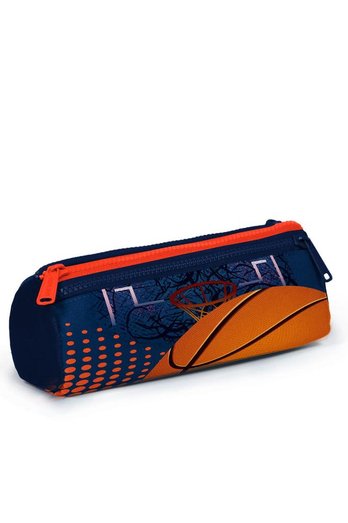 coral high Federmäppchen mit drei Fächern für Kinder, orange/marineblau, mit Basketball-Muster, 22066