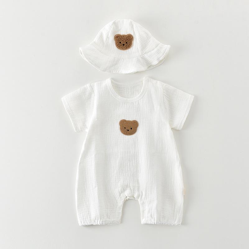 2025 Baby Strampler: Sommer Gaze Strampler mit kurzen Ärmeln und kleinem Bären - Atmungsaktive, dünne Oberbekleidung für Säuglinge und Kleinkinder.