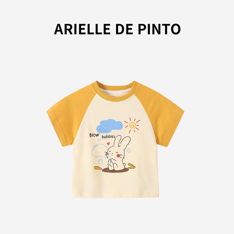 French Arielle De Pinto Girls  Cartoon Print Raglan Sleeve T-Shirt Summer Fashionable Kidsren s Top Rabbit Blowing Bubbles Yellow 140