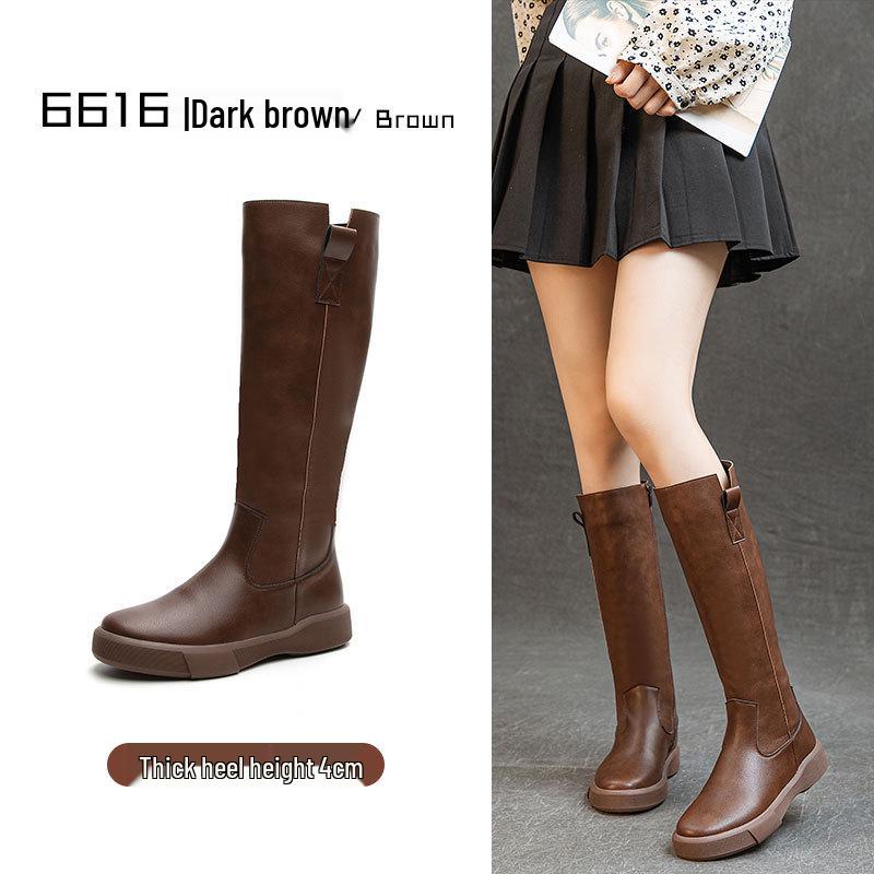 Women's Retro Leather Over-the-Knee Boots with Thick Sole and Velvet Lining - Versatile High-Top for Autumn/Winter