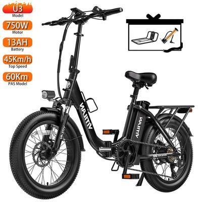 Electric Bicycle Foldable Vitilan U3 20" 750W Motor Adult Ebike 48V 13AH LCD Display Top Speed 45Km/h Black