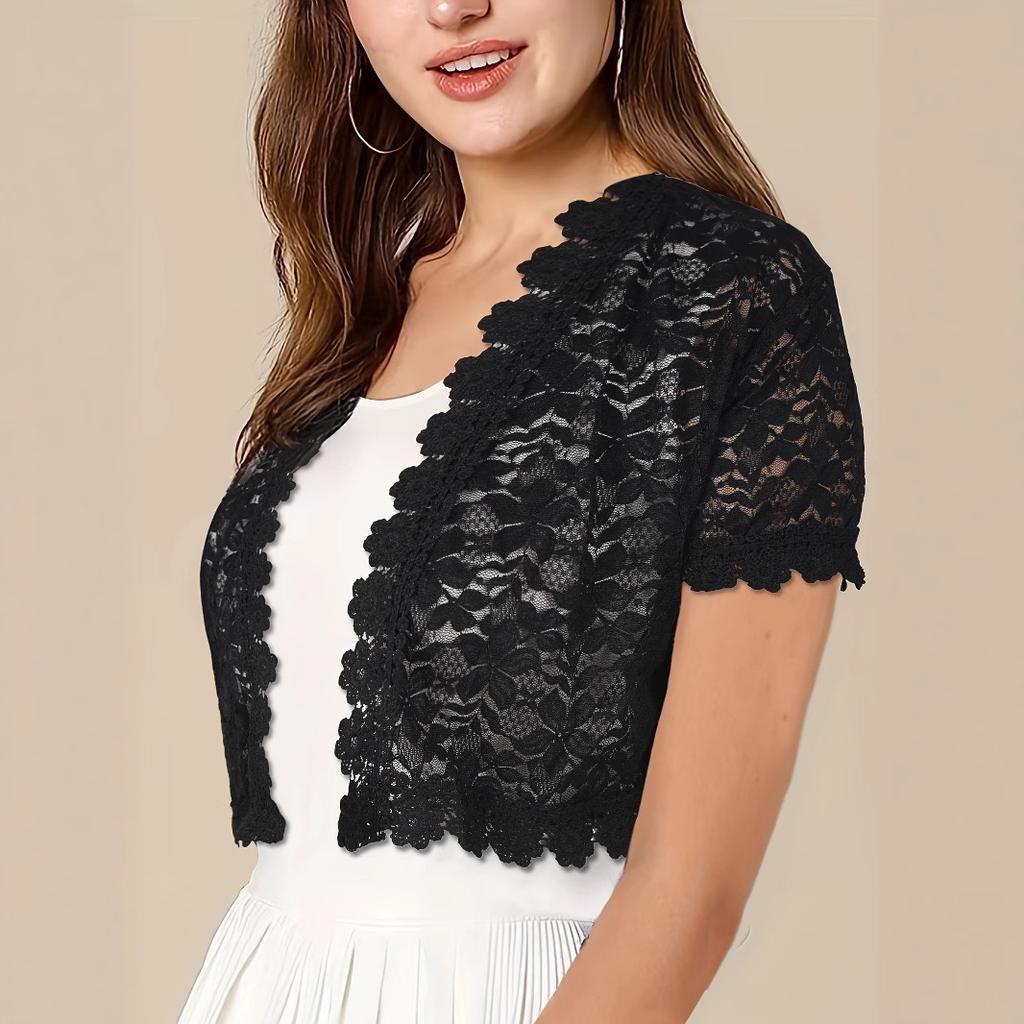 Ladies' Short-sleeved Fashionable Top, Elegant Lace with Cutouts, Banquet Knitted Cardigan