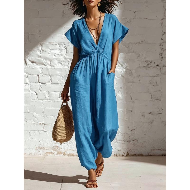 GMXIA Women's Fashion Casual Solid Color Print Summer Spring Short Sleeve V-Neck Suspenders trousers Jumpsuits & Rompers