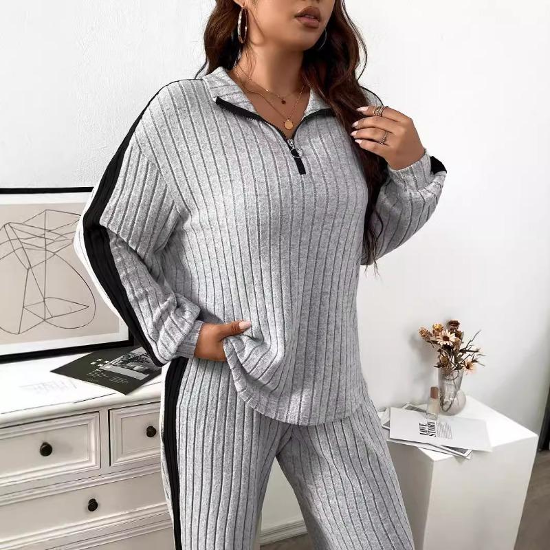 Women Plus Size Lazy Style Loose Casual Color Block Two Piece Sweatshirt Pants Set