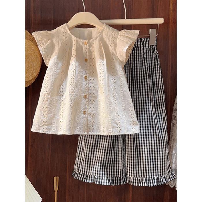 Girls Summer Korean Fashion Flutter Sleeve Shirt And Plaid Straight Pants Two Piece Set 120