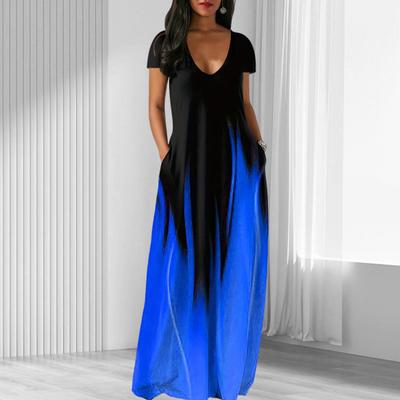 Kadın Yaz Elbisesi Derin V Yaka Kısa Kollu Kontrast Gradyan Renkli Bol Cepli Yere Kadar Uzun Yumuşak Nefes Alabilen Günlük Maksi Elbise