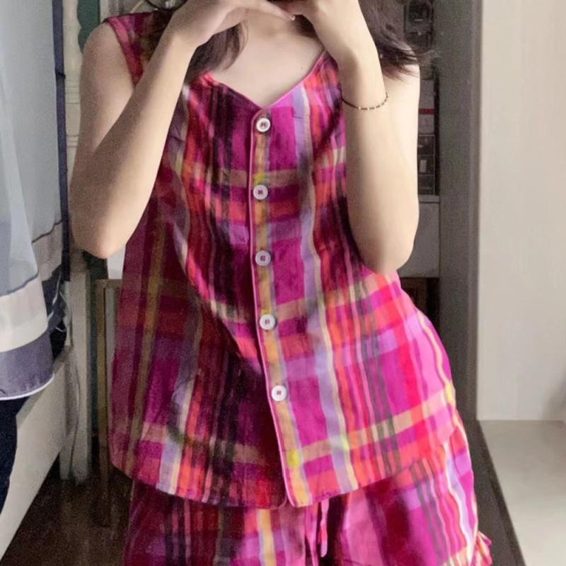 

Летний женский пижамный комплект, клетчатый жилет с цветными блоками, женские летние модели, новые шорты для отдыха и дома без рукавов XXL розовый
