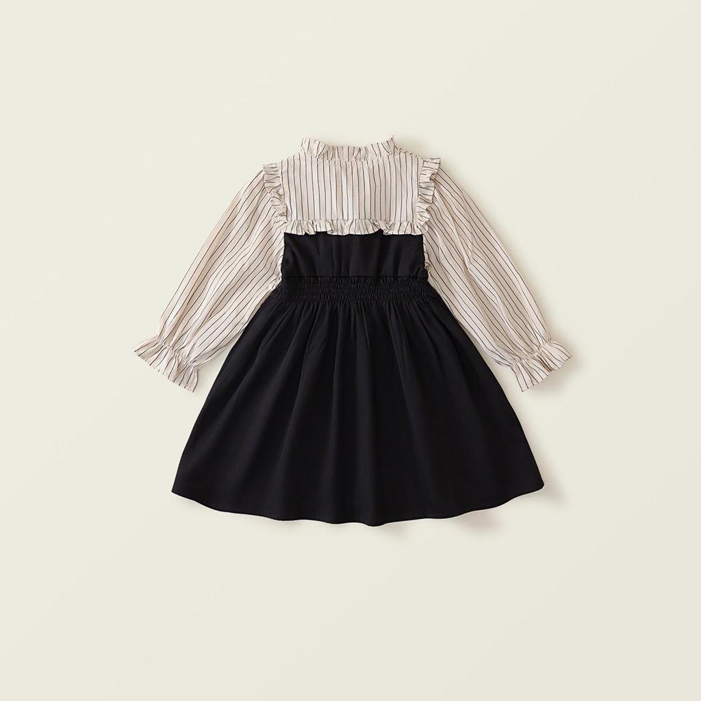 Herbst 2025 Mädchen Gestreiftes Colorblock Langarmkleid mit Falschem Zweiteiler Koreanisches Design