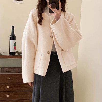 Fall Winter Women Jacket Crew Neck Single-breasted with Side Pockets Loose Short Type Woolen Jacket Shopping Commuting Daily Coat
