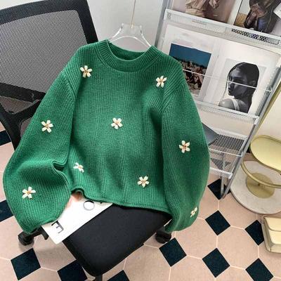Sweater Women Winter Knitted Pullover Fir Loose Vintage Embroidered Flowers Knit Sweater