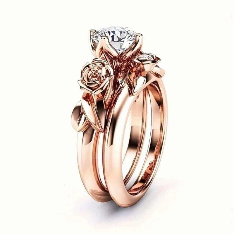 Trendy Flower Shape Rose Gold Color Two Piece Set Inlay Stone Rings For Women Fashion Rings Accessories Custom Jewelry