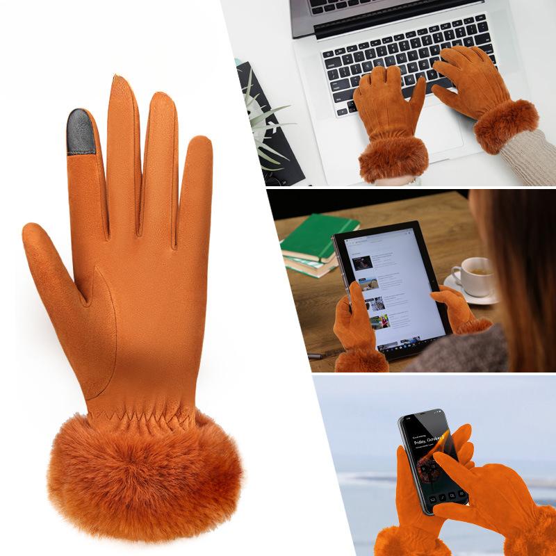 Deerskin Warm Gloves for Women In Autumn and Winter Korean Style Plus Velvet Touch Screen Gloves for Riding and Driving Non Slip Leather Gloves