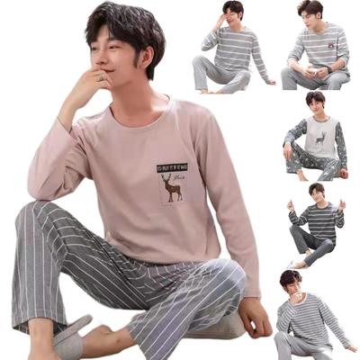 2Pcs/Set Men Homewear Straight Wide Leg Warm Stretchy Simple Striped Print Male Soft Autumn Pajamas Set Daily Wear
