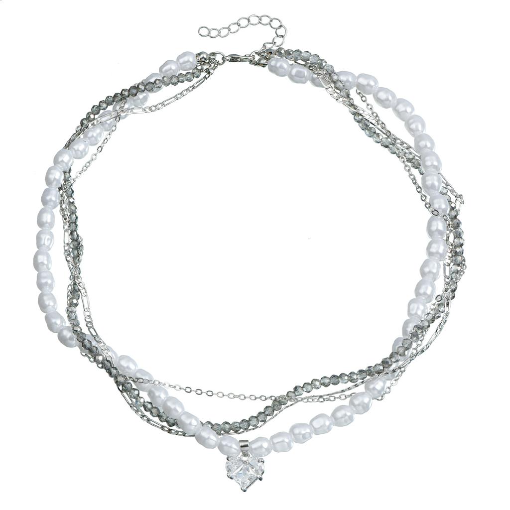 Jewelry Pearl Crystal Zircon Love Pendant Clavicle Chain Light Luxury Winding Multi-Layer Necklace Women