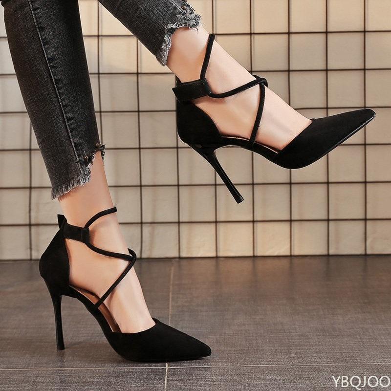 Sexy Minimalist Pointed High Heels Spring Fashionable Versatile Cross Strap Women's Shoes Suede  Shallow Mouth Women's Shoes