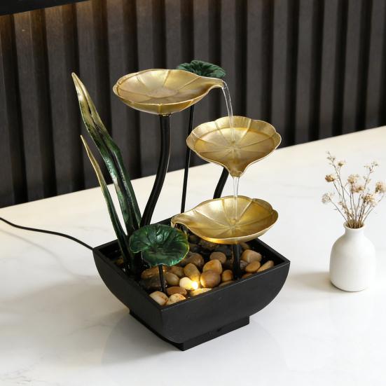 Relaxation Tabletop Water Fountain with Rocks 3 Tier Lotus Leaf Small Waterfall Fountain with Light for Indoor Zen Home Bedroom Desktop Decor