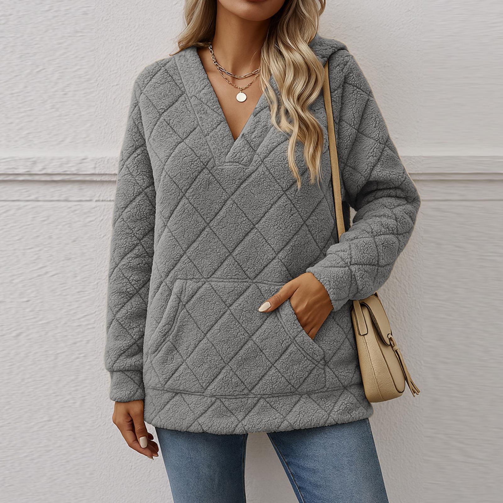 

Женский модный однотонный пуловер с V-образным вырезом, капюшоном и длинными рукавами, теплая толстовка M