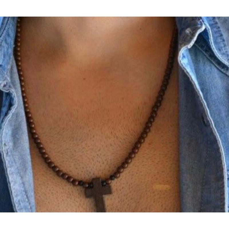 Classic Natural Wood Beads Crucifix Pendant Necklace for Men Women Religious Rosary Jewelry Handmade Prayer Accessories