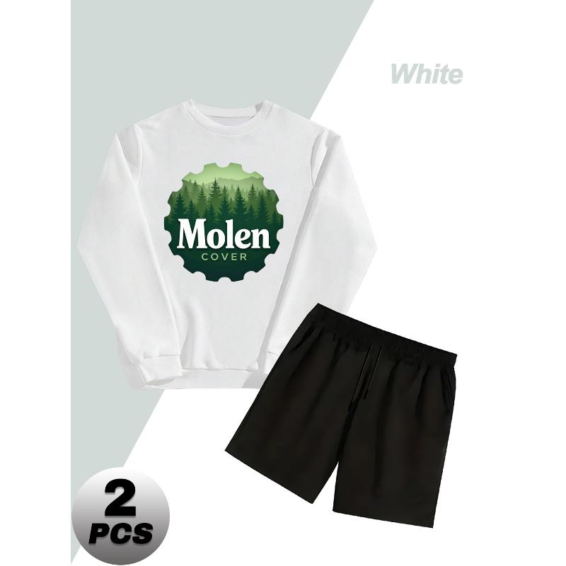 Crew Neck Long Sleeve Sweatshirt and Shorts Men s Polyester 2 Piece Set XXL белый
