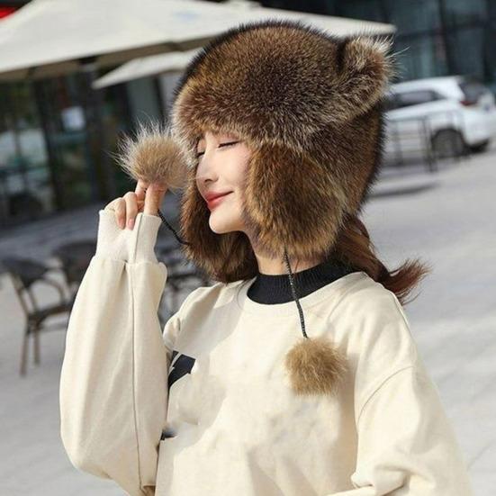 Raccoon Plush Hat with Ears Tail Design Windproof Thickened Winter Warm Plush Ear