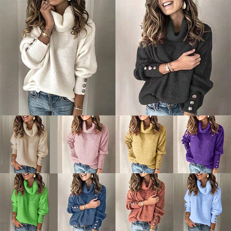 Cozy Women Long Sleeve Sweater High Neck Jumper With Stylish Button Decoration