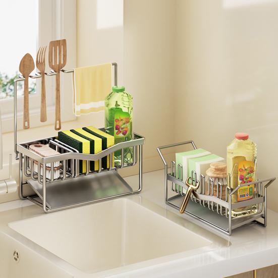 Kitchen Sink Caddy Stainless Steel Sponge And Brush Holder with Adjustable Divider Auto Drain Tray Countertop Organizer for Utensils Dish Soap Bottle