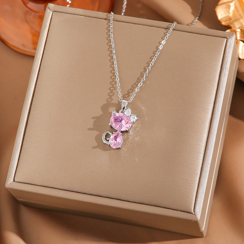 [Micro-Set Pink Zircon Titanium Steel Necklace Sweet Light Luxury Fashion Choker Jewelry]