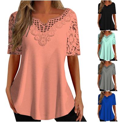 (Spicy chicken)Women Fashion V-Neck Lace Splicing Short Sleeve T-Shirt Fashion Ribbed Top Pullover