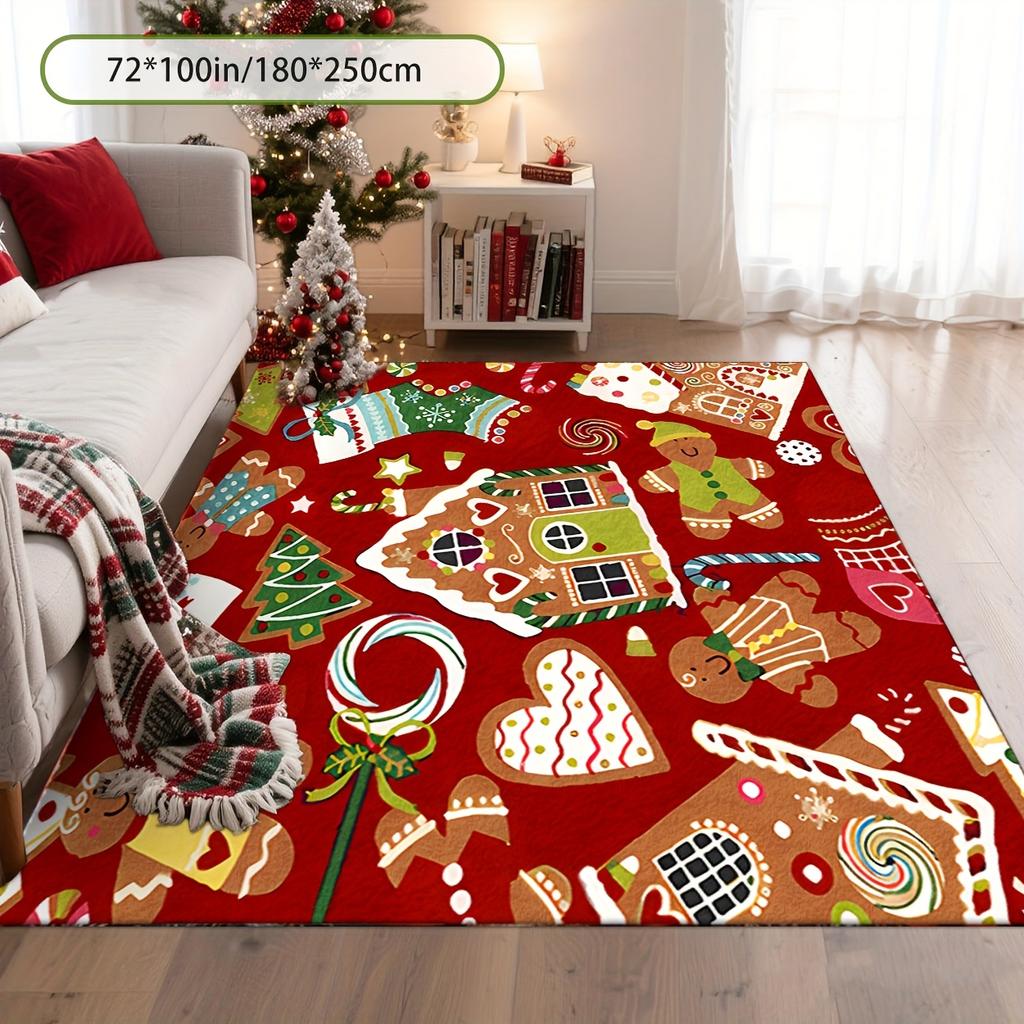 Christmas Gingerbread House, Gingerbread Man, Candy Cane & Snow‑Covered House Printed Area Rug, 2D Flat Design