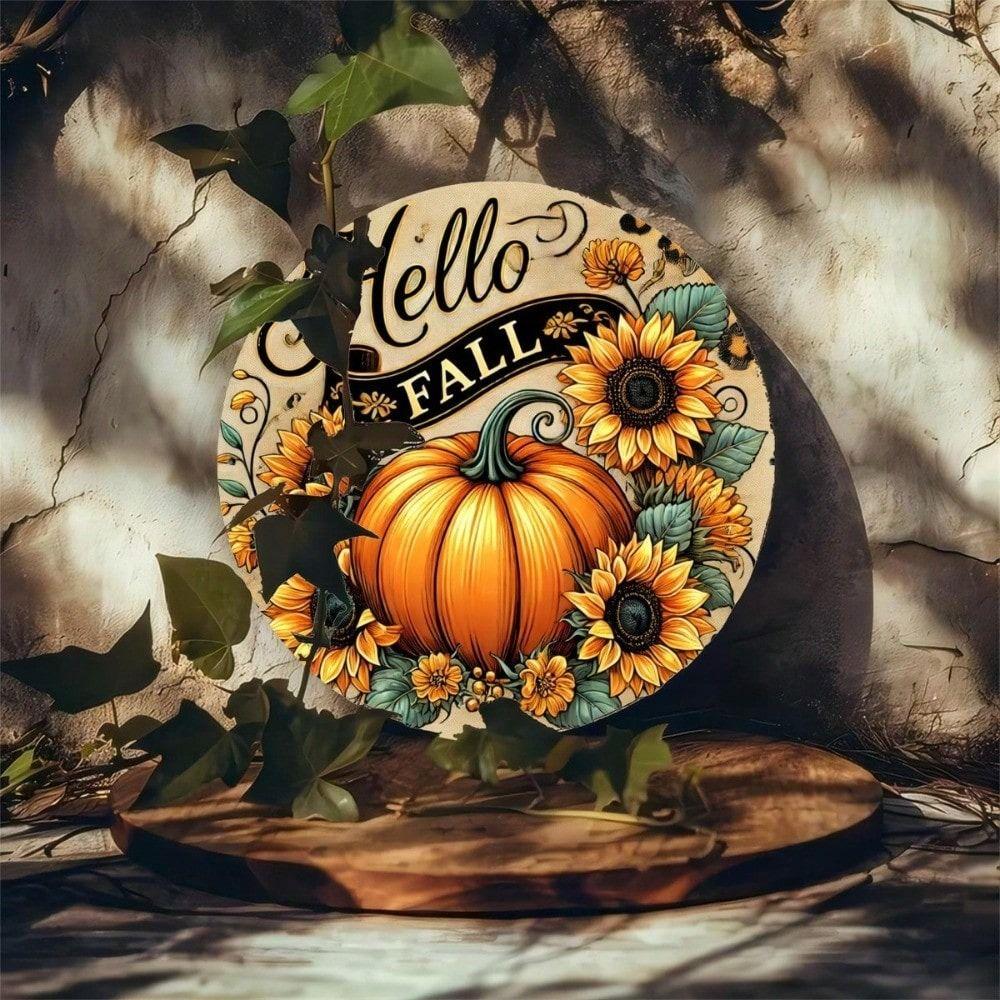 Tin Sign Fall Vintage Hello Fall Metal Poster, Farmhouse Wall Art 8x8 Inch