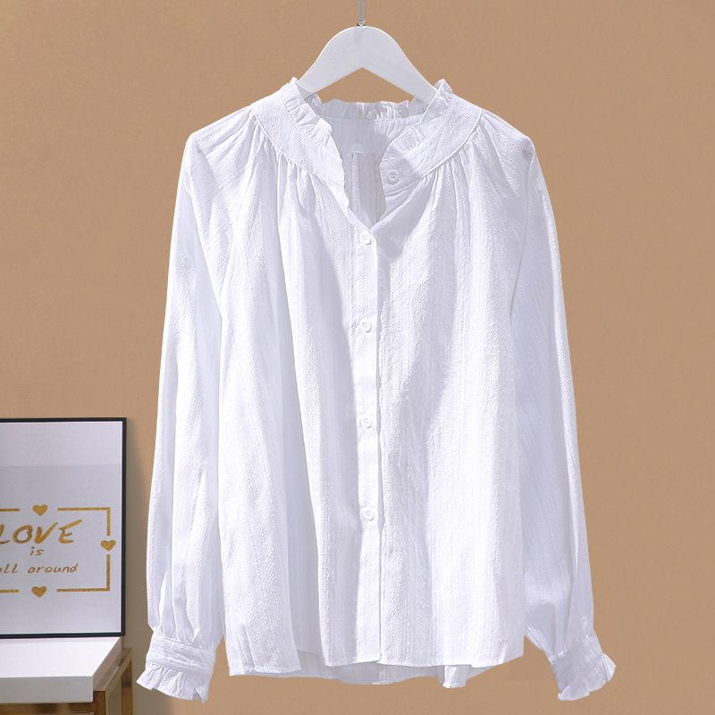 French Style Pure Cotton Long Sleeve Shirt Women Spring Ruffled Collar Lace Edge Blouse