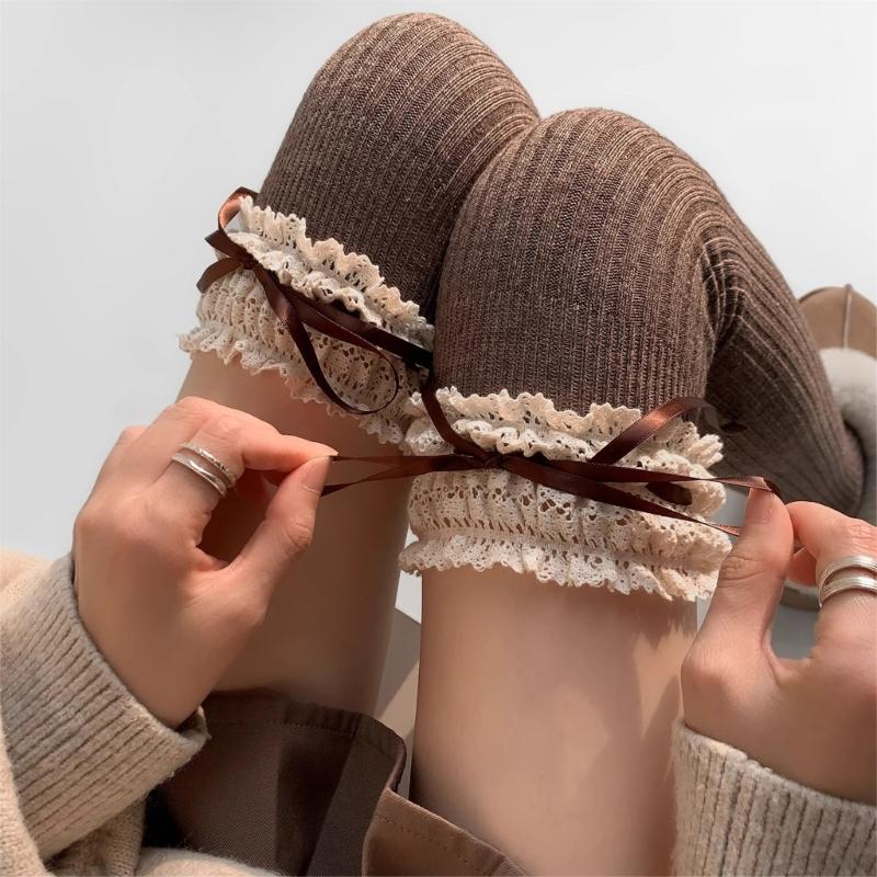 Women Japanese Student Winter Warm Cotton Over Knee Long Socks Elegant Ruffled Lace Top Bowknot Thigh High Stockings