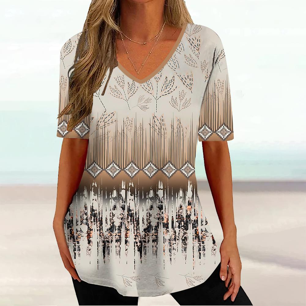 Harajuku Wind Ladies V-neck T-shirt Summer Outdoor Casual Short Sleeve Tops Retro Street Flower Print OverSize Women's Clothing