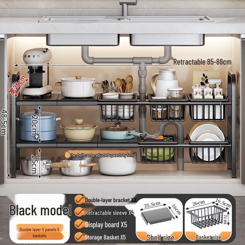 Retractable Under-Sink Tiered Shelf and Pot Storage Rack