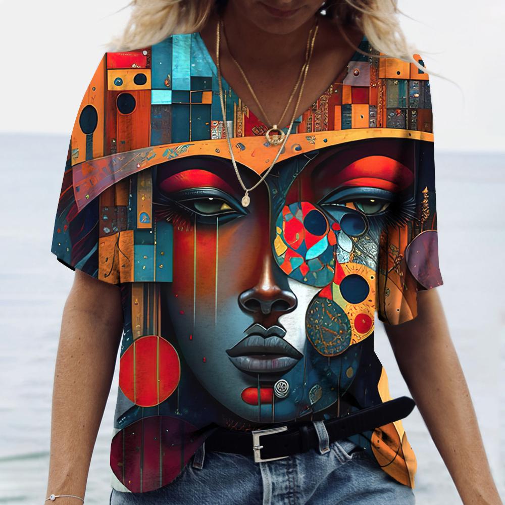 Funny 3D Beauty Pattern Women's T-Shirts Fashion V-neck Short Sleeve Top Summer Street Hip Hop Tee Fashion Loose Female Clothing
